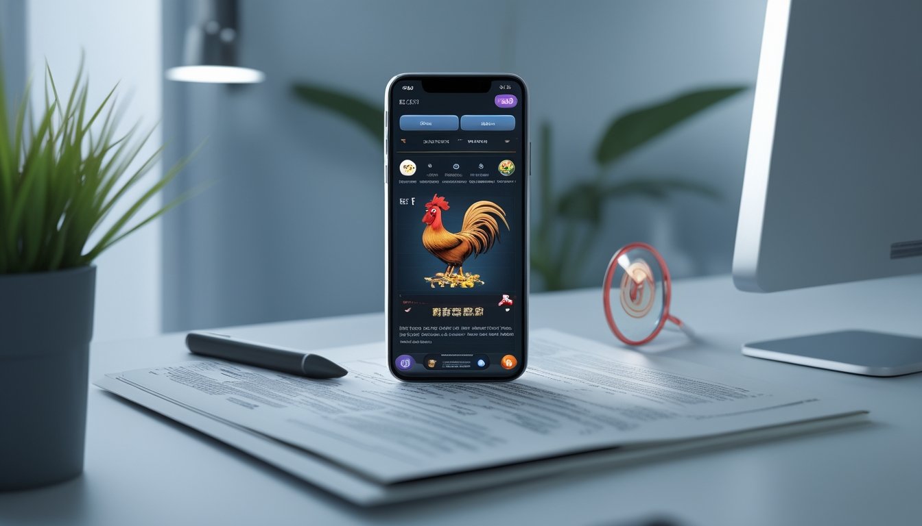 Ponsel dengan tampilan taruhan digital yang disamarkan berada di samping dokumen hukum dan simbol peringatan.