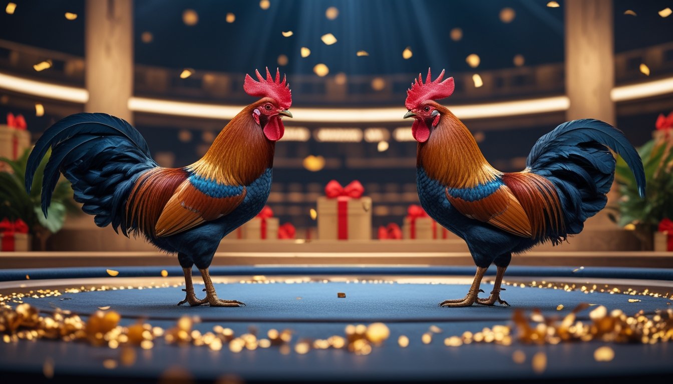 Dua ayam jantan berdiri di arena bundar dengan pencahayaan meriah dan dekorasi bernuansa emas.
