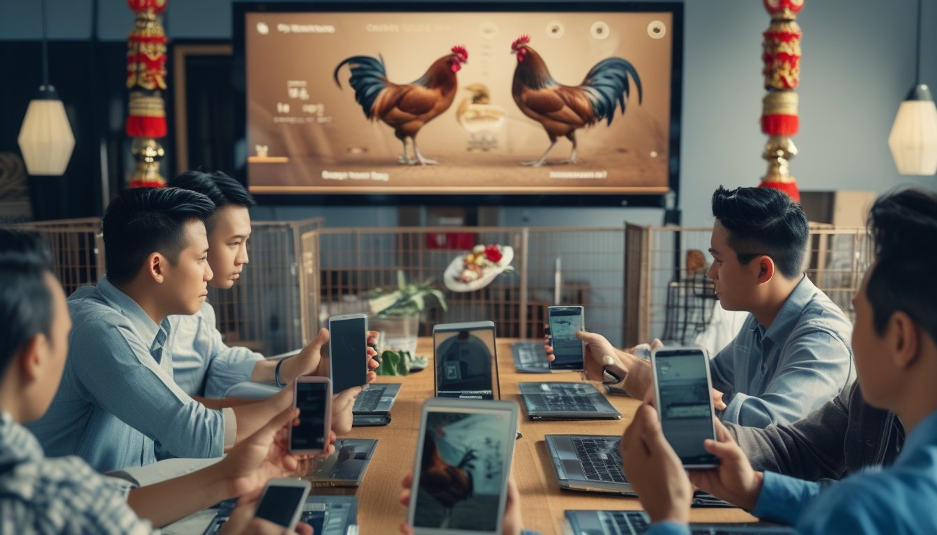 Sekelompok orang Indonesia berdiskusi sambil melihat ponsel, dengan ayam jago dalam kandang aman di latar belakang.