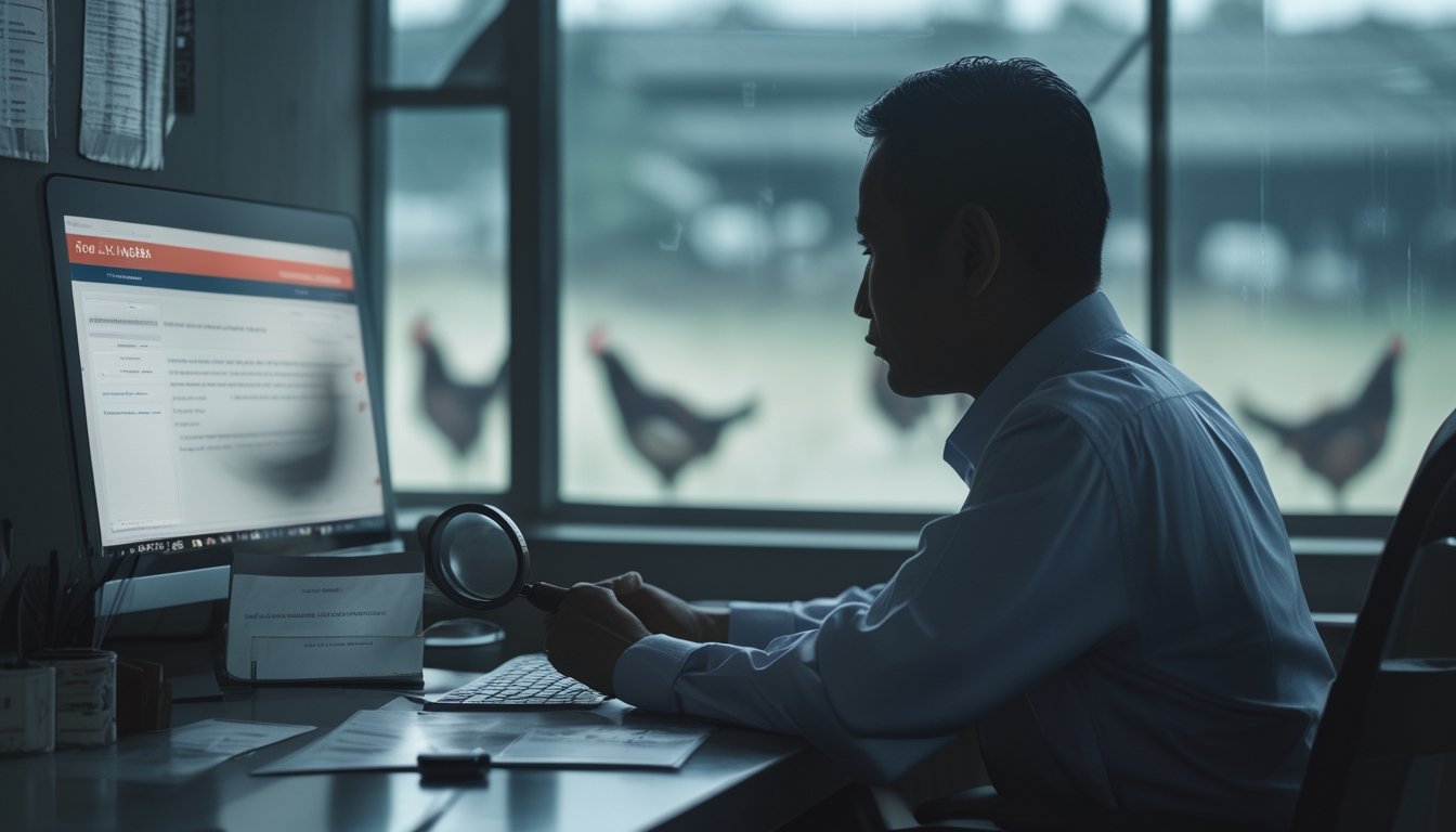 Seseorang meninjau aktivitas taruhan daring dengan dokumen hukum dan simbol peringatan di meja kerja.