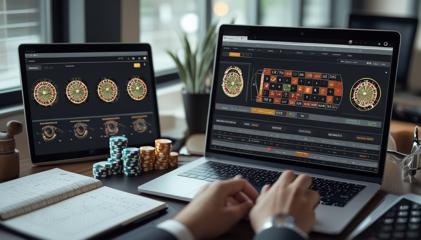 Meja kerja modern dengan laptop berisi grafik analisis roulette, chip yang dikelompokkan, kalkulator, dan buku catatan kosong.