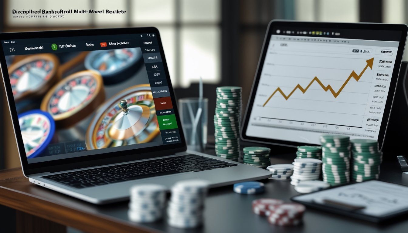 Meja kerja dengan laptop, kalkulator, catatan kosong, dan keping taruhan yang ditata rapi untuk menggambarkan pengelolaan bankroll.
