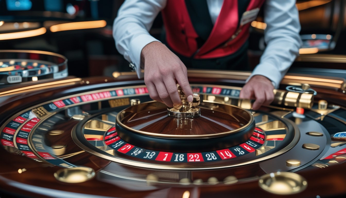 Seorang dealer profesional memutar salah satu dari beberapa roda roulette di meja permainan.