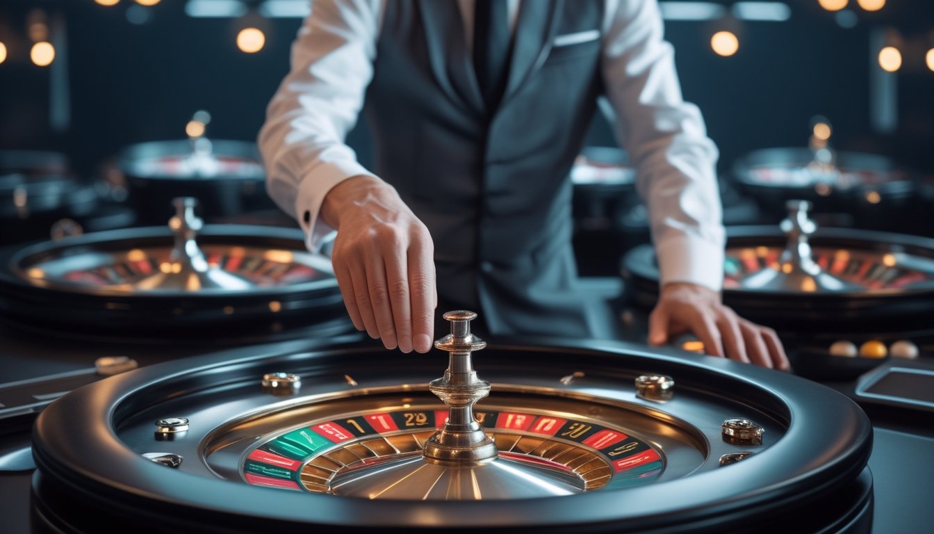 Dealer profesional memutar satu roda roulette sementara beberapa roda roulette lain terlihat di meja kasino.