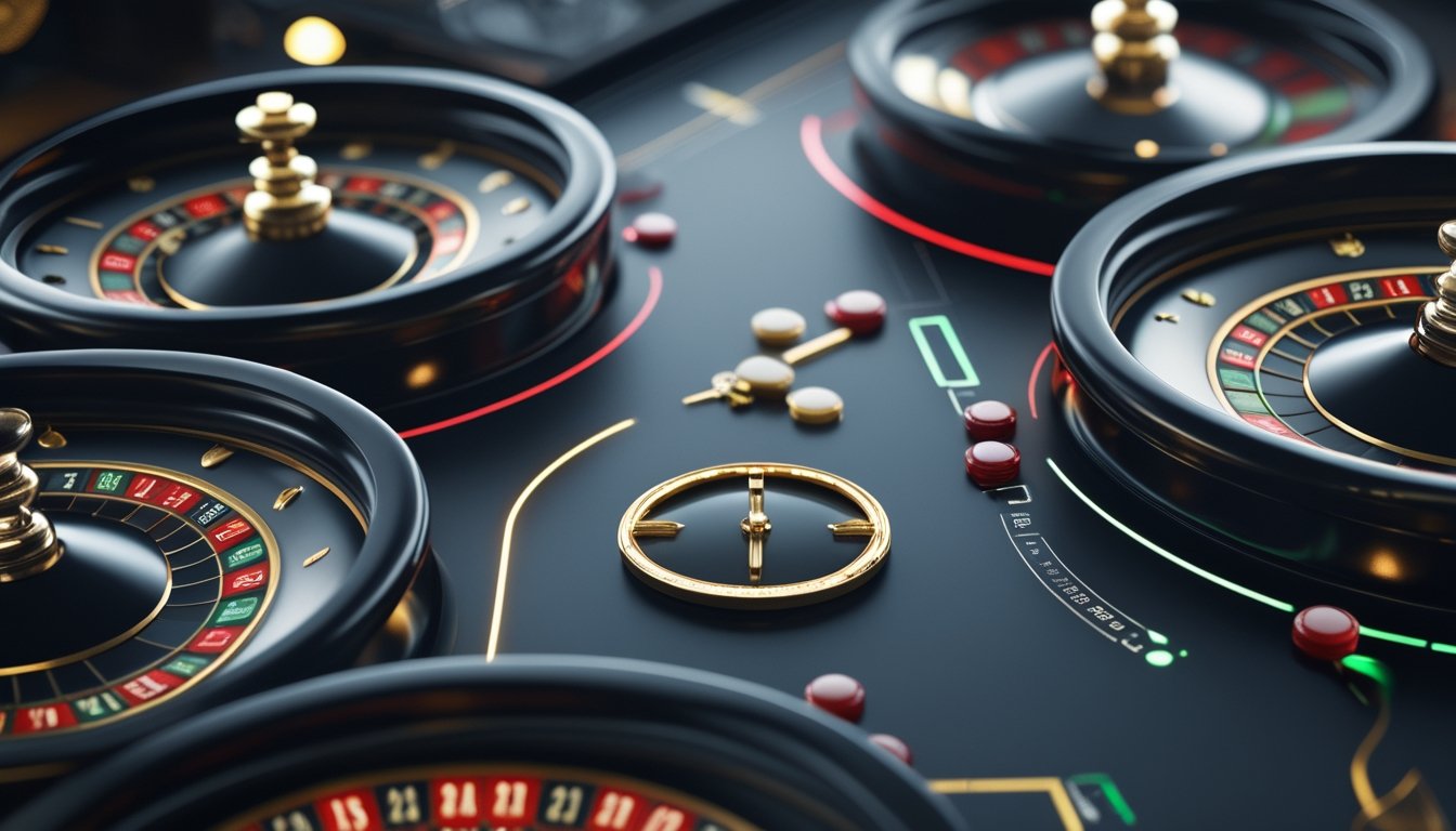 Tampilan permainan roulette digital dengan beberapa roda roulette dan petugas layanan pelanggan melalui obrolan langsung.