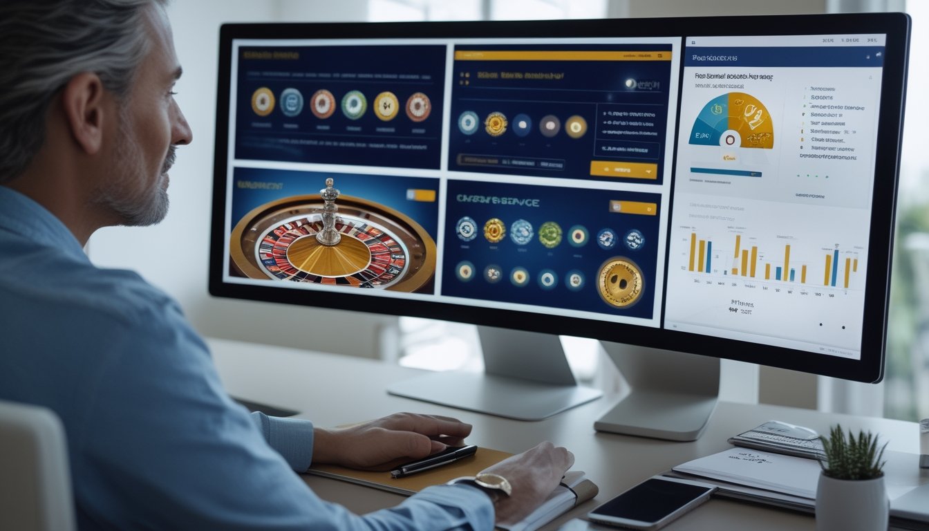 Seseorang membandingkan beberapa platform roulette online dan layanan bantuan pelanggan melalui komputer di ruang kerja.