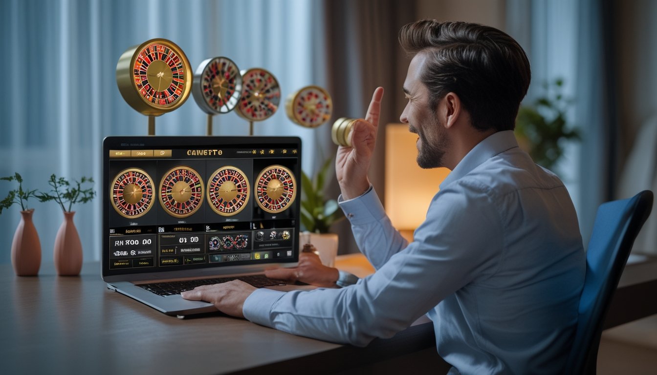 Seorang pemain dewasa terlihat gembira saat memainkan roulette daring multi-roda di laptop dari rumah.