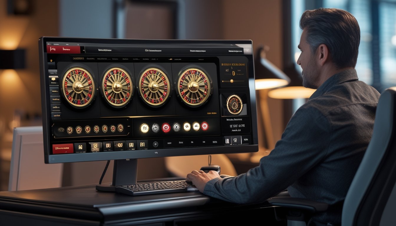 Seseorang melihat beberapa roda roulette digital yang berputar di layar komputer.