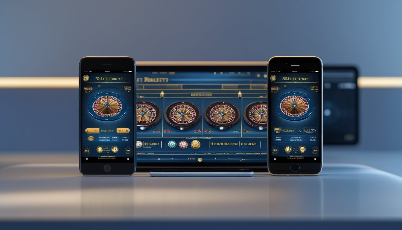 Dua ponsel menampilkan permainan roulette multi-roda dengan tampilan antarmuka yang berbeda.