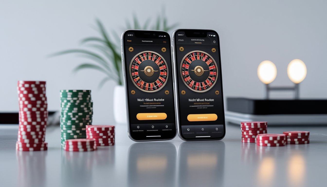 Dua ponsel menampilkan permainan roulette multi-roda dengan chip di atas meja.