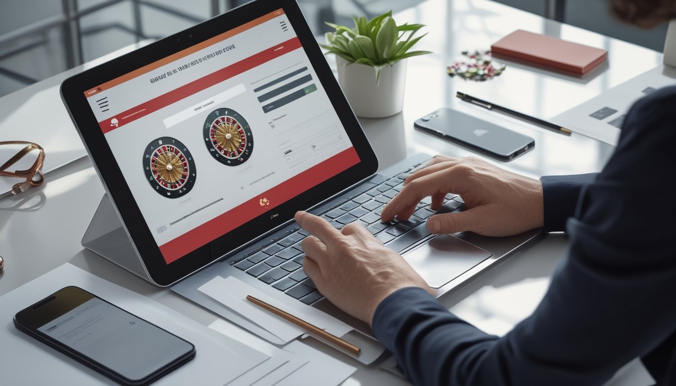 Seseorang mendaftarkan akun melalui perangkat digital dengan ilustrasi roda roulette di meja kerja modern.