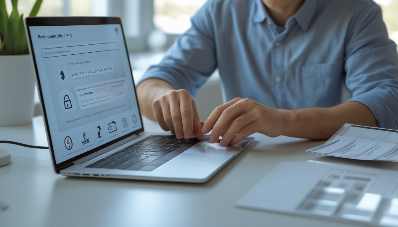 Orang dewasa memeriksa formulir pendaftaran online dengan simbol keamanan dan verifikasi di meja kerja.