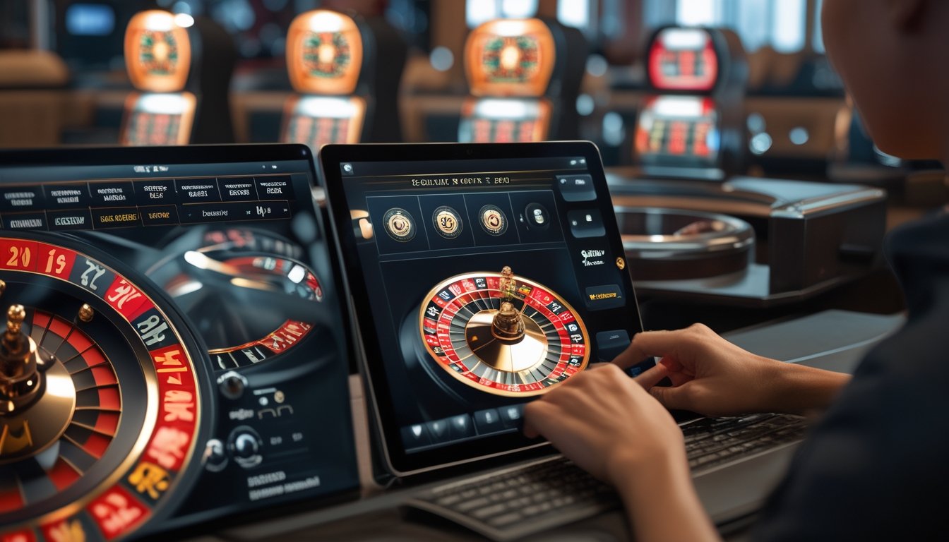 Beberapa roda roulette berada dalam suasana kasino digital yang elegan dengan pencahayaan merah, hitam, dan emas.