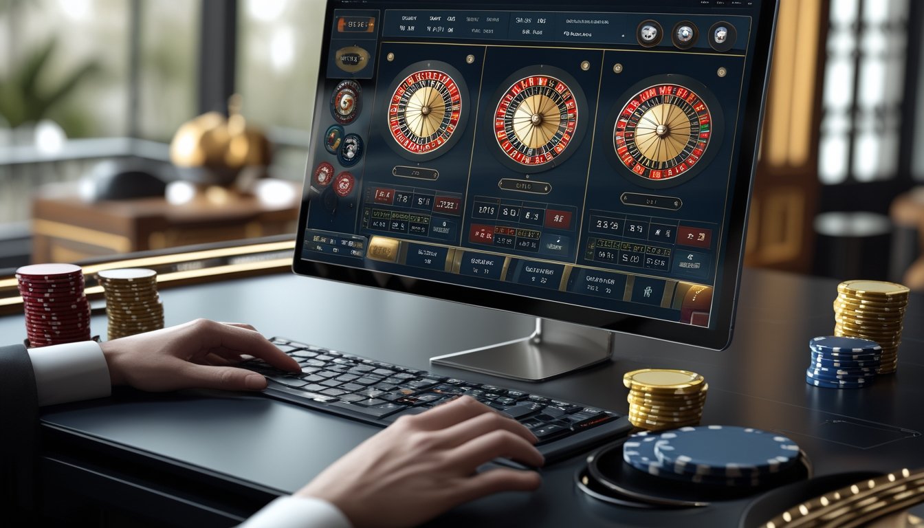 Tampilan beberapa roda roulette dengan chip taruhan pada area taruhan luar di meja kasino digital.