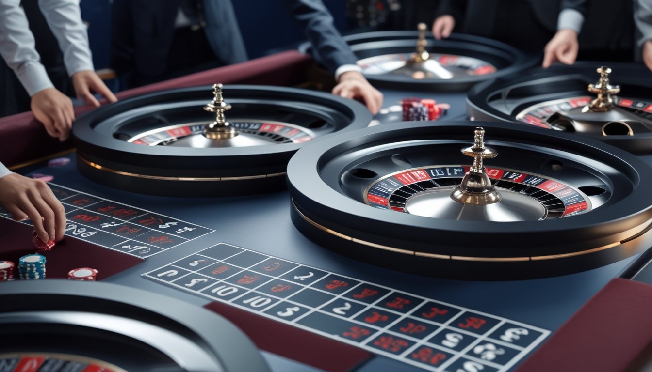 Beberapa roda roulette dengan keping taruhan yang ditempatkan pada berbagai area taruhan luar.