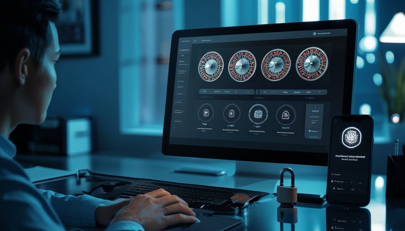 Seseorang menggunakan laptop untuk bermain roulette online dengan ponsel dan perangkat keamanan di meja.