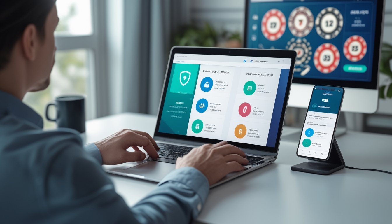 Seseorang memeriksa keamanan akun di laptop sebelum menyetor dana, dengan simbol perlindungan digital dan roda roulette yang samar di latar belakang.