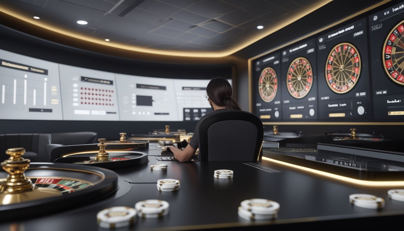 Seorang pemain memantau beberapa roda roulette di ruang permainan modern.