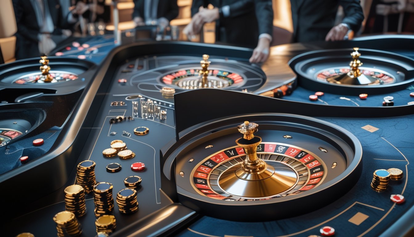 Croupier dan beberapa pemain berada di sekitar meja roulette dengan beberapa roda roulette yang tersusun berdampingan.