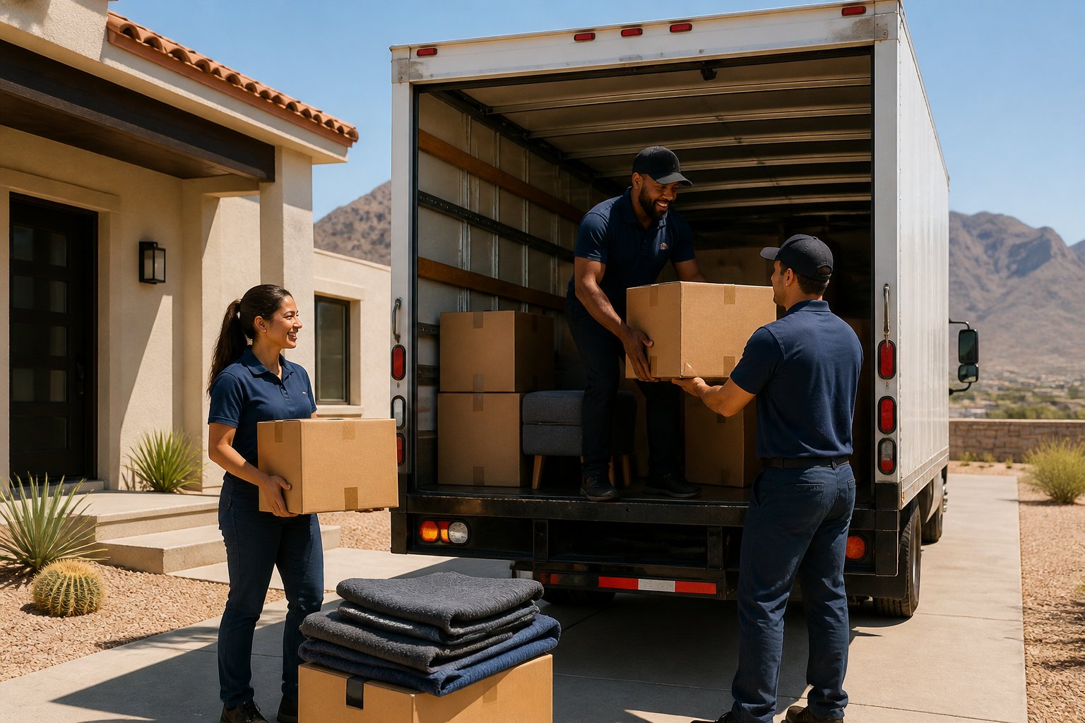Professional movers load boxes and furniture into a truck outside a Southwestern home in El Paso.