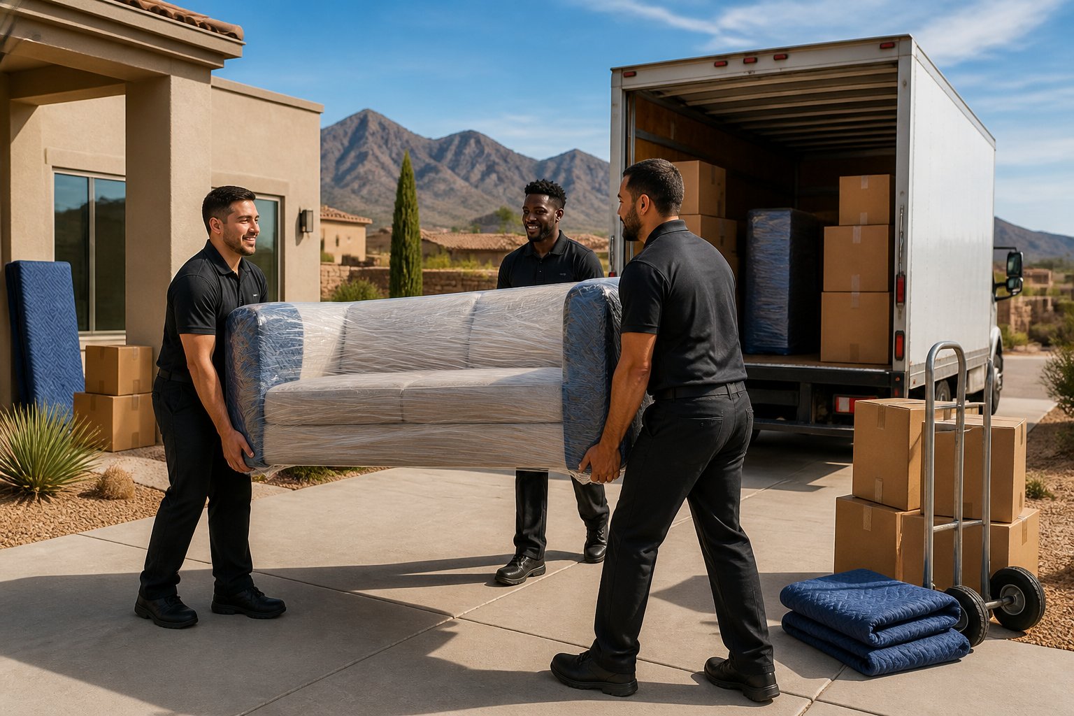 Professional movers carry furniture and boxes from a home to a moving truck in a sunny Southwestern neighborhood.