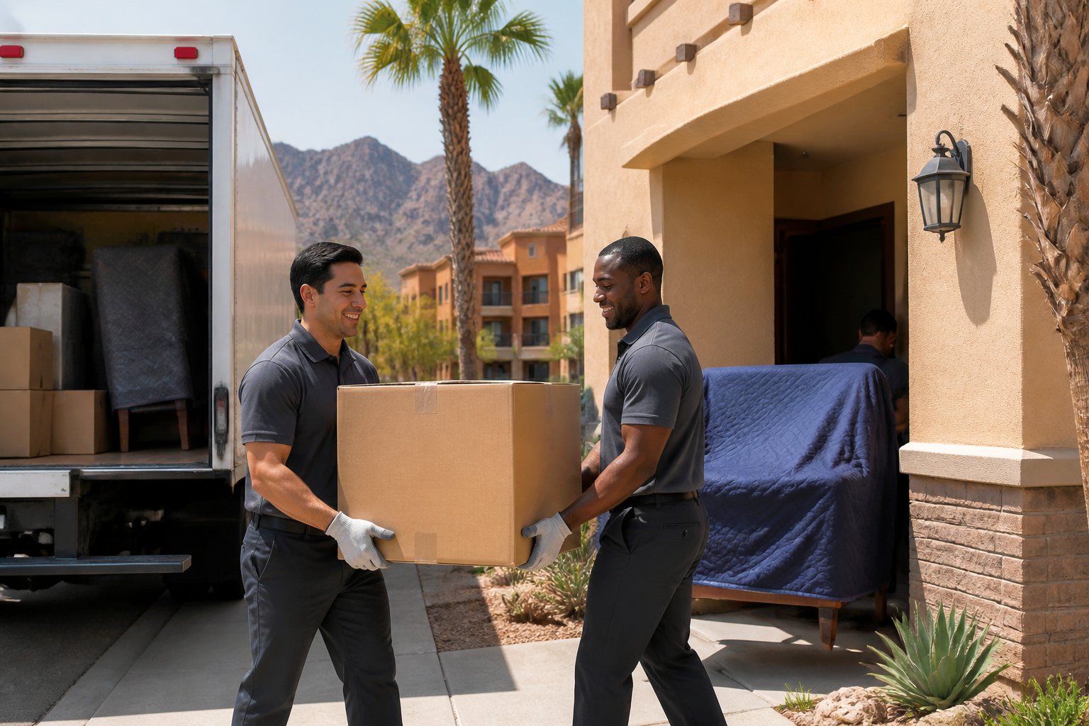 Two movers carry boxes and furniture into an apartment building beside a moving truck in El Paso.