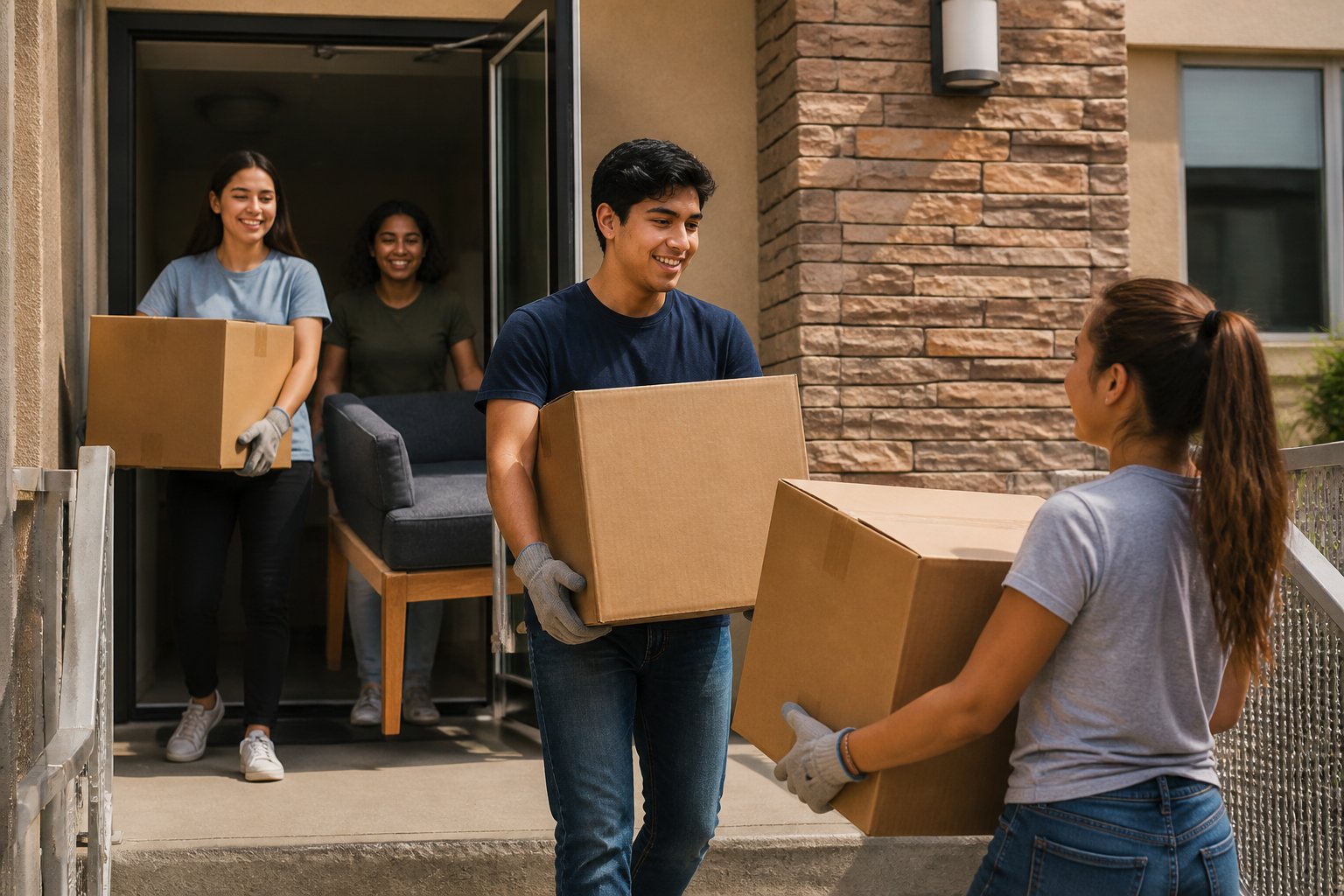 College students work together carrying boxes and furniture during a move.