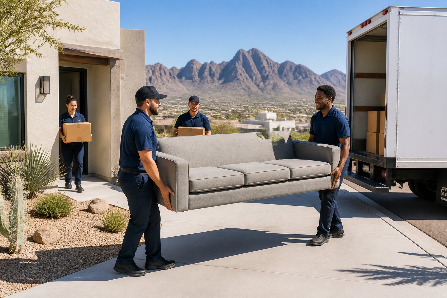 A professional moving crew carries furniture and boxes from a Southwestern home to a moving truck in El Paso.