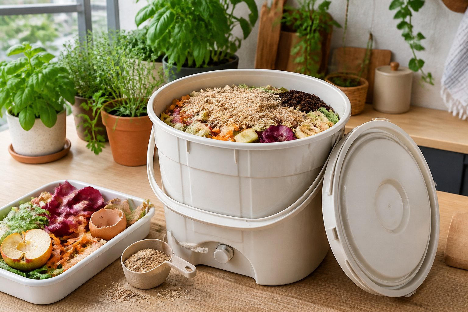 An open bokashi composting bucket with kitchen scraps, bran, and a scoop beside potted green plants.