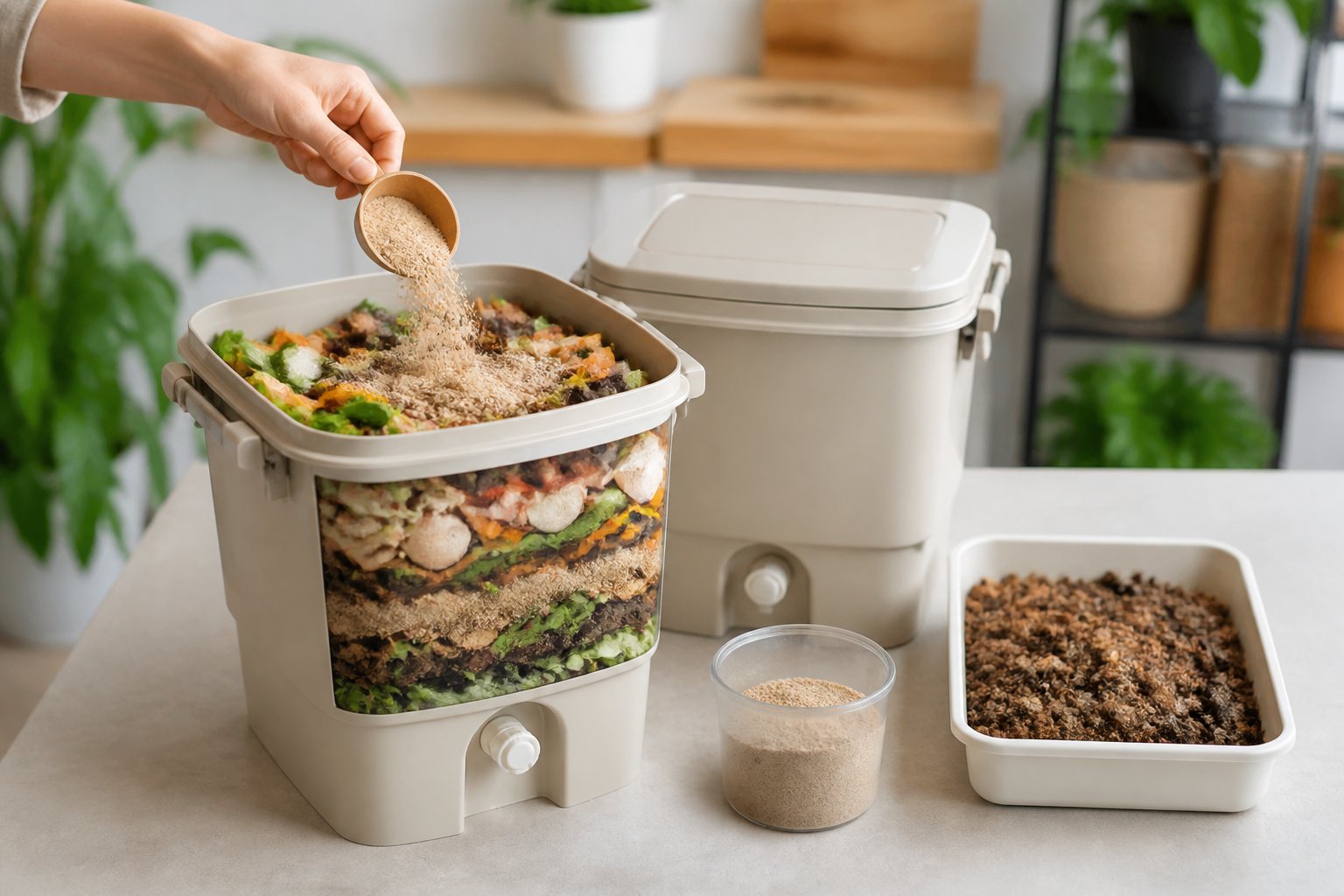 An open Bokashi bucket layered with kitchen scraps and bran beside a sealed bucket and finished fermented compost material.