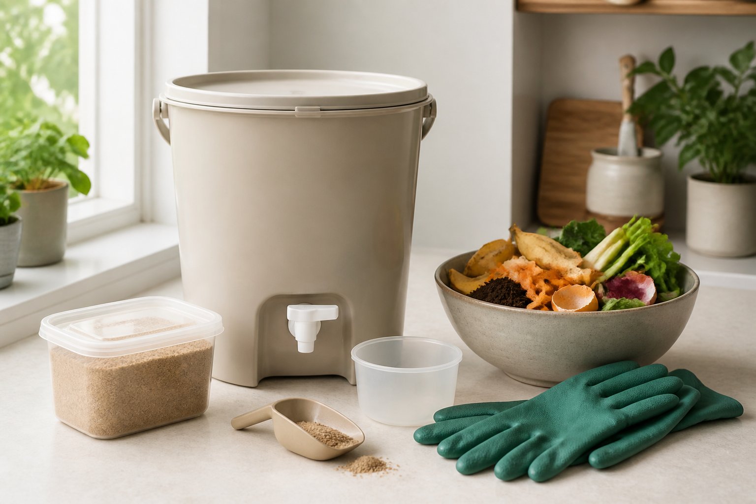 Bokashi composting supplies arranged on a kitchen countertop.