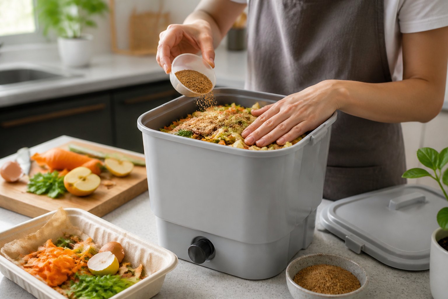 Hands place kitchen scraps and bokashi bran into an airtight composting bucket.