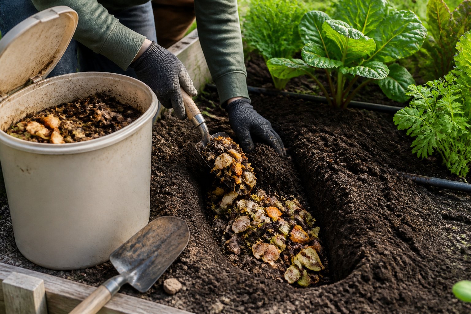 A garden bed beside a bokashi bucket, with fermented organic material being covered in a soil trench.
