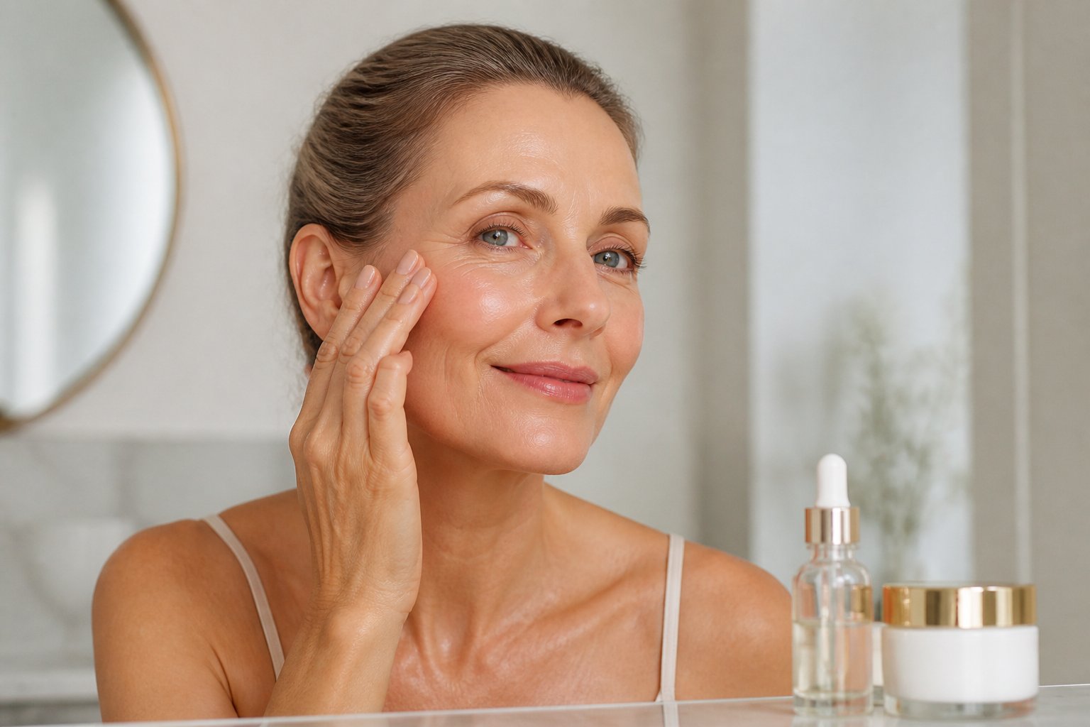 Une femme mûre applique délicatement un soin hydratant sur son visage.