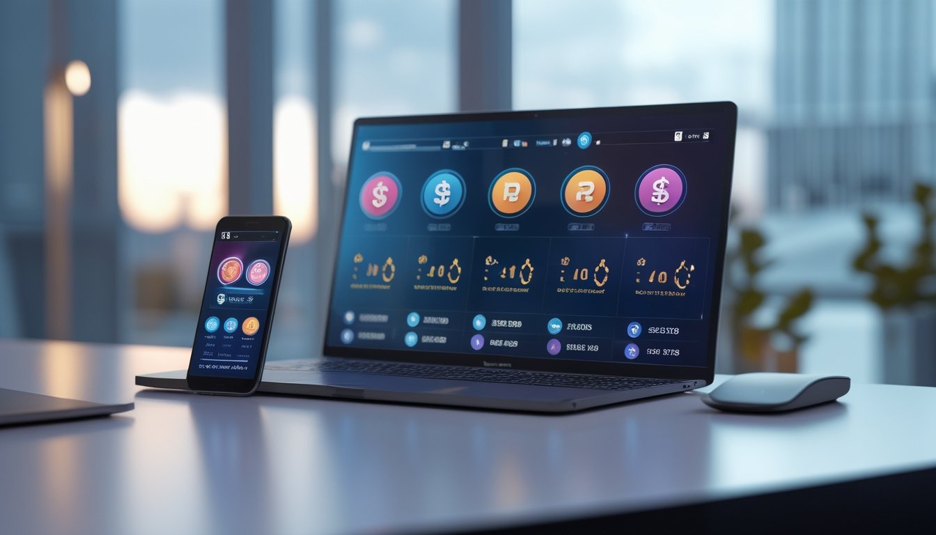 Laptop dan ponsel menampilkan dasbor permainan digital dengan ikon warna-warni di atas meja modern.
