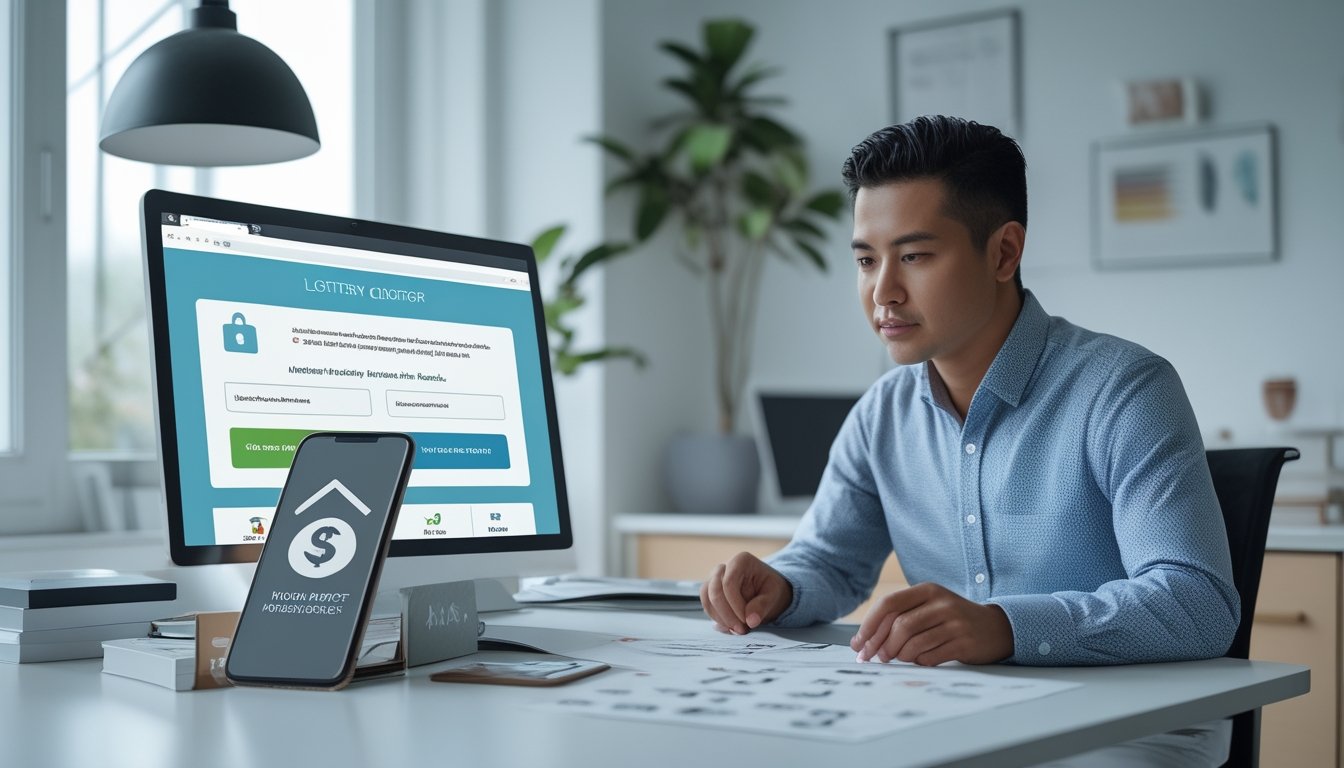 Seseorang memeriksa situs lotre daring dengan laptop dan ponsel sambil mengecek tanda keamanan.