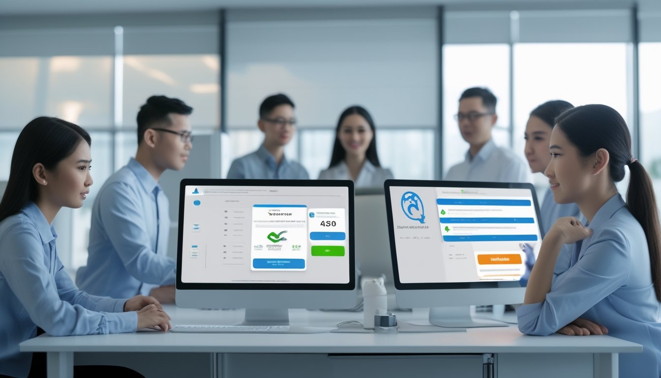 Tim layanan digital Indonesia memantau pembayaran aman di kantor modern.