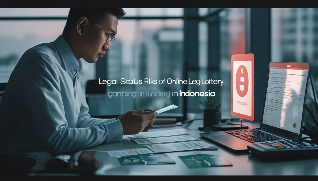 Seorang profesional Indonesia meninjau dokumen hukum dan perangkat digital dengan simbol peringatan risiko keuangan.