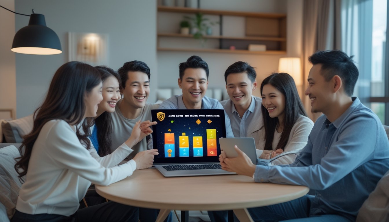 Sekelompok teman dewasa tersenyum saat melihat permainan angka abstrak di laptop dan ponsel.