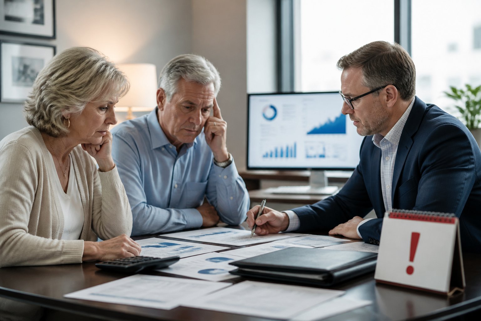 A couple reviews retirement account documents with a financial advisor in an office.