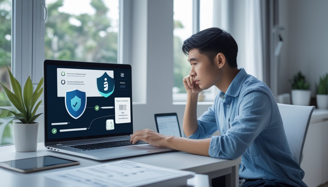 Orang dewasa memeriksa keamanan dan kelayakan usia sebuah platform online di laptop.