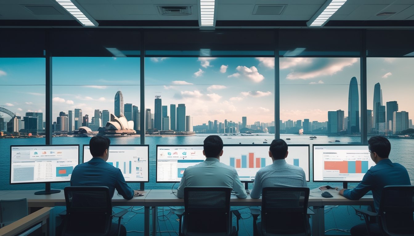 Tim profesional meninjau data global di ruang kerja modern dengan latar Singapura, Hong Kong, dan Sydney.