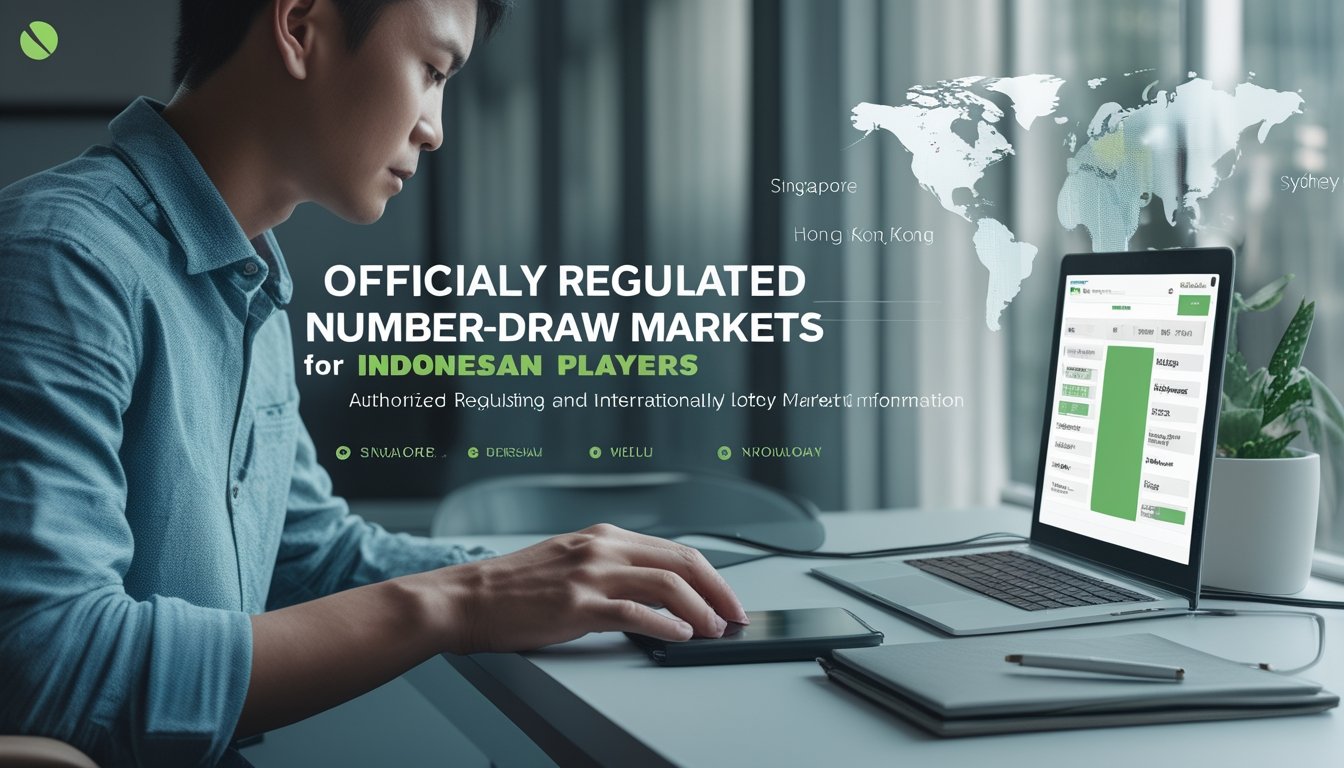 Seseorang meninjau informasi pasar angka internasional di ruang kerja dengan simbol kota Singapura, Hong Kong, dan Sydney.