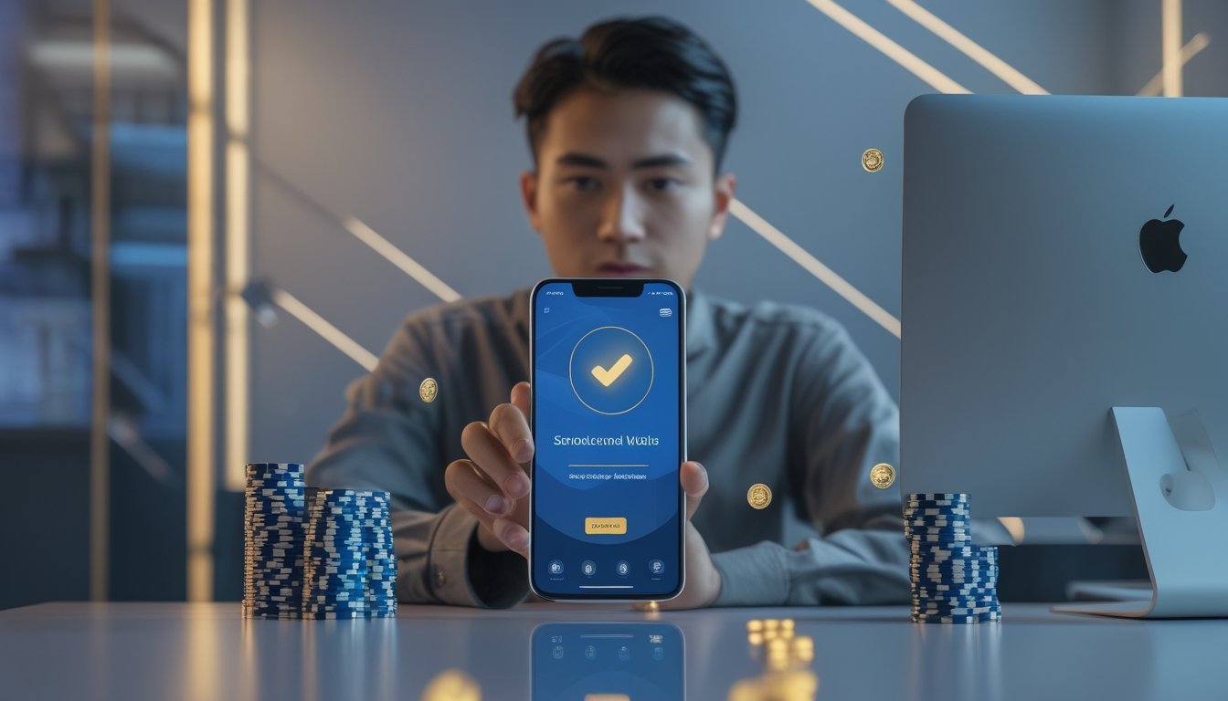 Seseorang menggunakan dompet digital di ponsel dengan elemen pembayaran modern dan suasana permainan yang elegan.