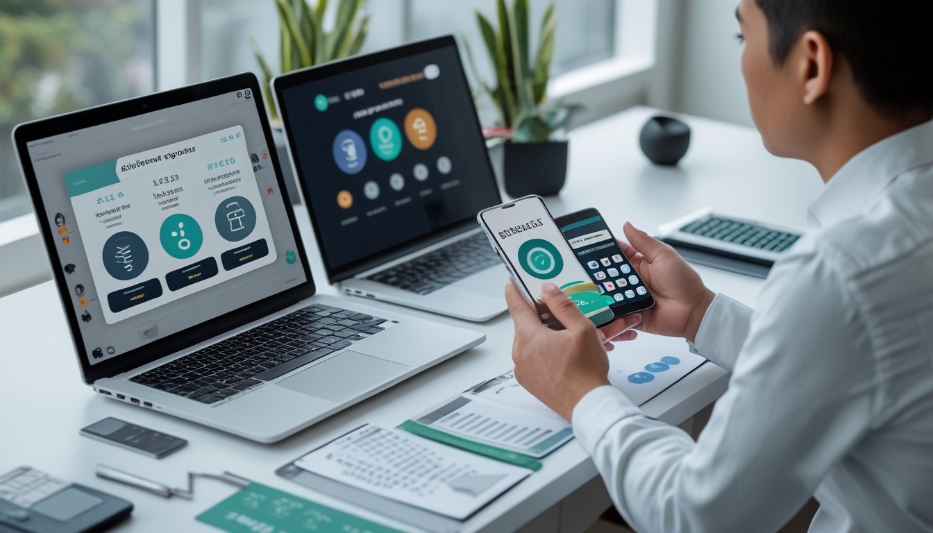 Seseorang membandingkan beberapa platform digital dan opsi pembayaran elektronik di meja kerja.