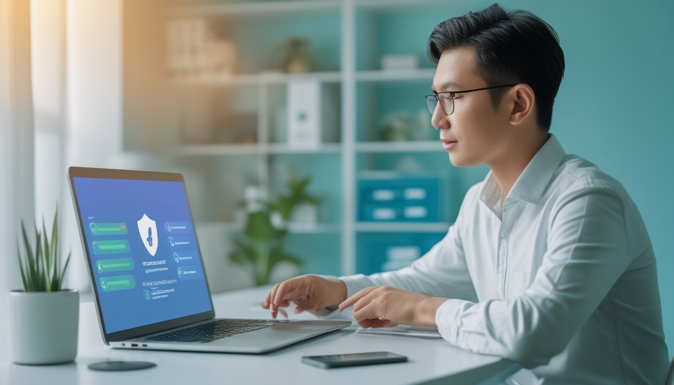 Seseorang memeriksa platform lotre online dengan simbol keamanan digital di ruang kerja yang rapi.