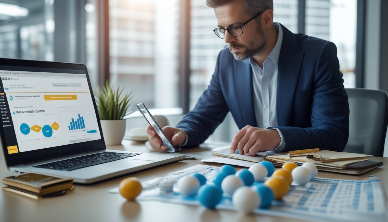 Seorang analis membandingkan informasi hadiah lotere online di meja kerja modern dengan laptop, grafik, kalkulator, dan bola lotere.