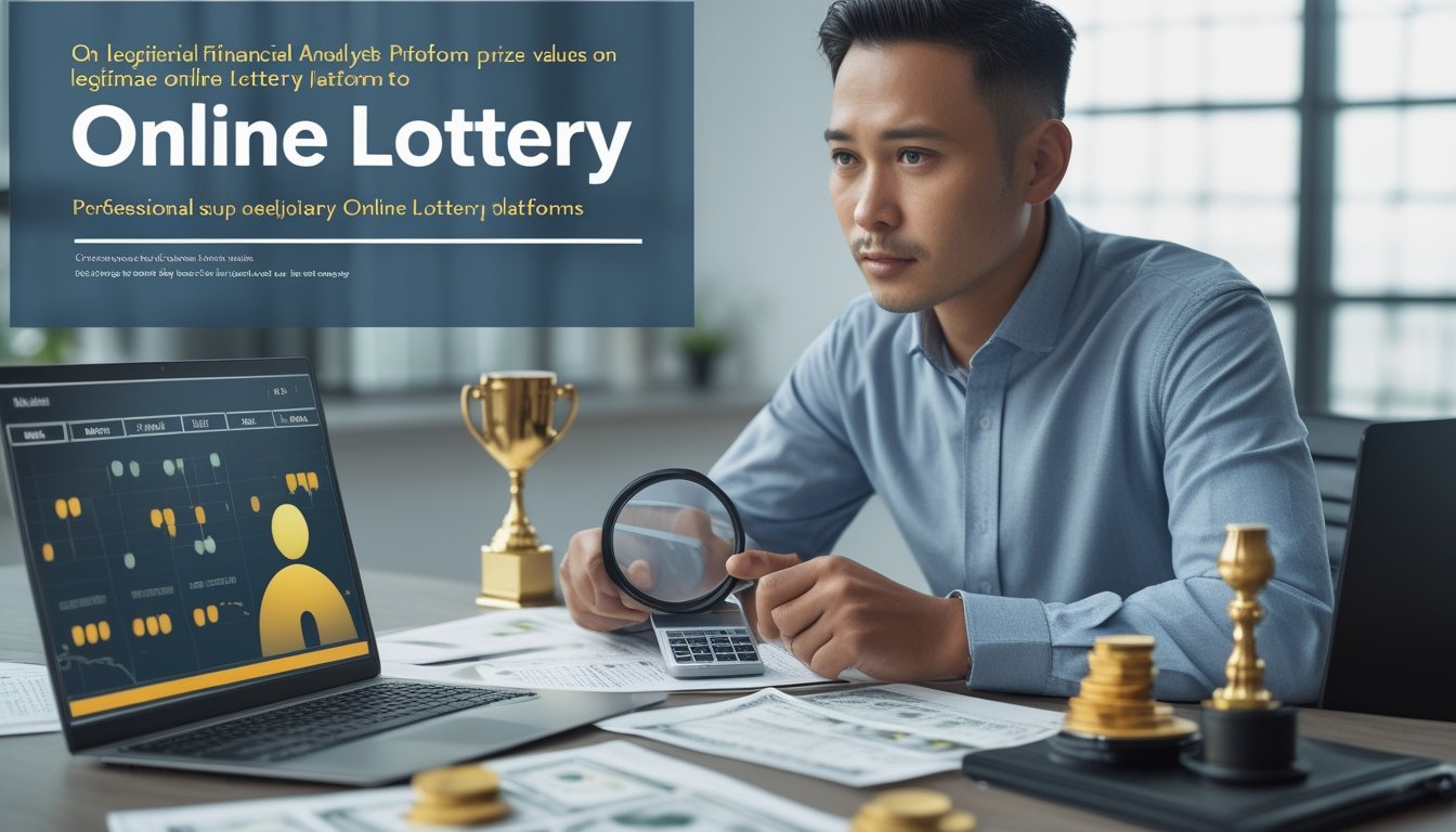 Seorang analis membandingkan data hadiah kemenangan di meja kerja dengan laptop, kalkulator, koin, dan simbol piala.