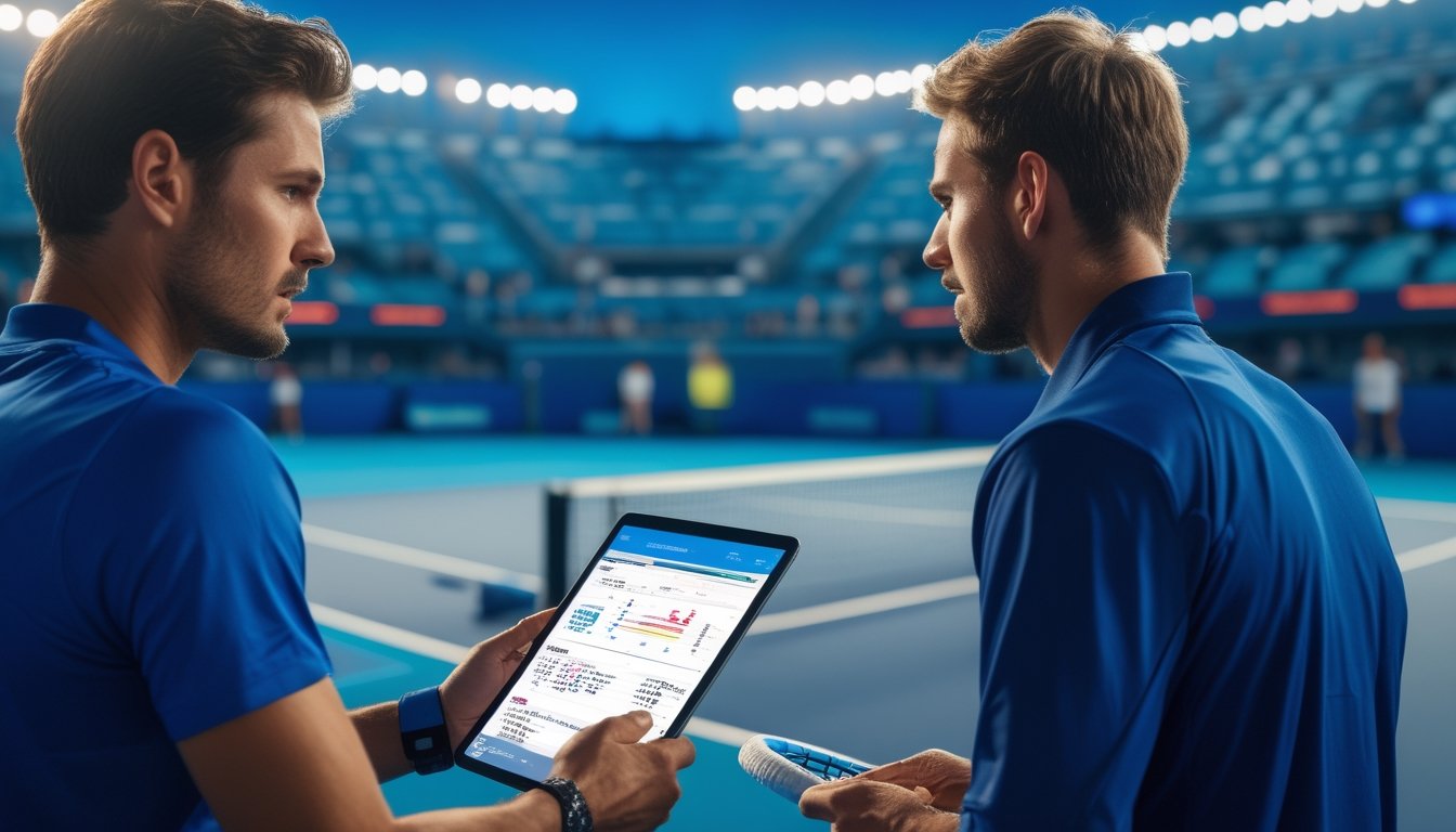 Analis dan pemain tenis memeriksa statistik pertandingan di tablet di dekat lapangan tenis.