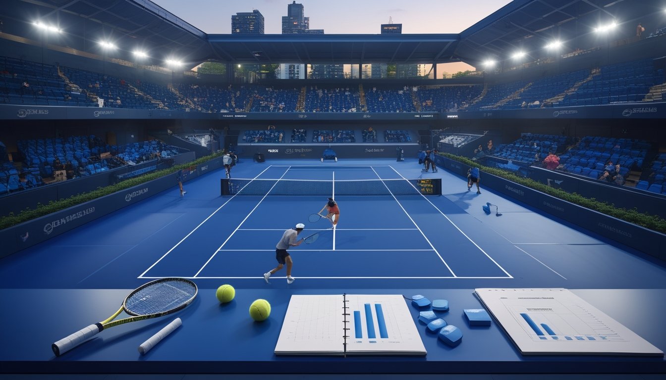Pertandingan tenis sengit di lapangan keras stadion besar dengan perlengkapan analisis di latar depan.
